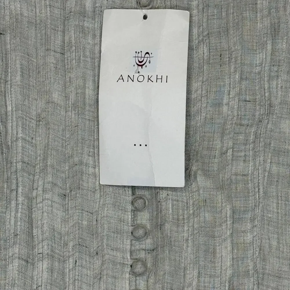 Anokhi Blouse Womens Large Gray Linen Pleated Tunic 3/4 Sleeve Button Front
